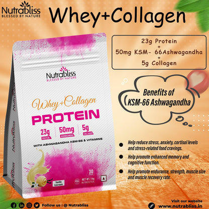 Nutrabliss Whey + Collagen Protein with KSM 66® Ashwagandha, Biotin, Multivitamins Chocolate Flavor 1 Kg - Nutrabliss 