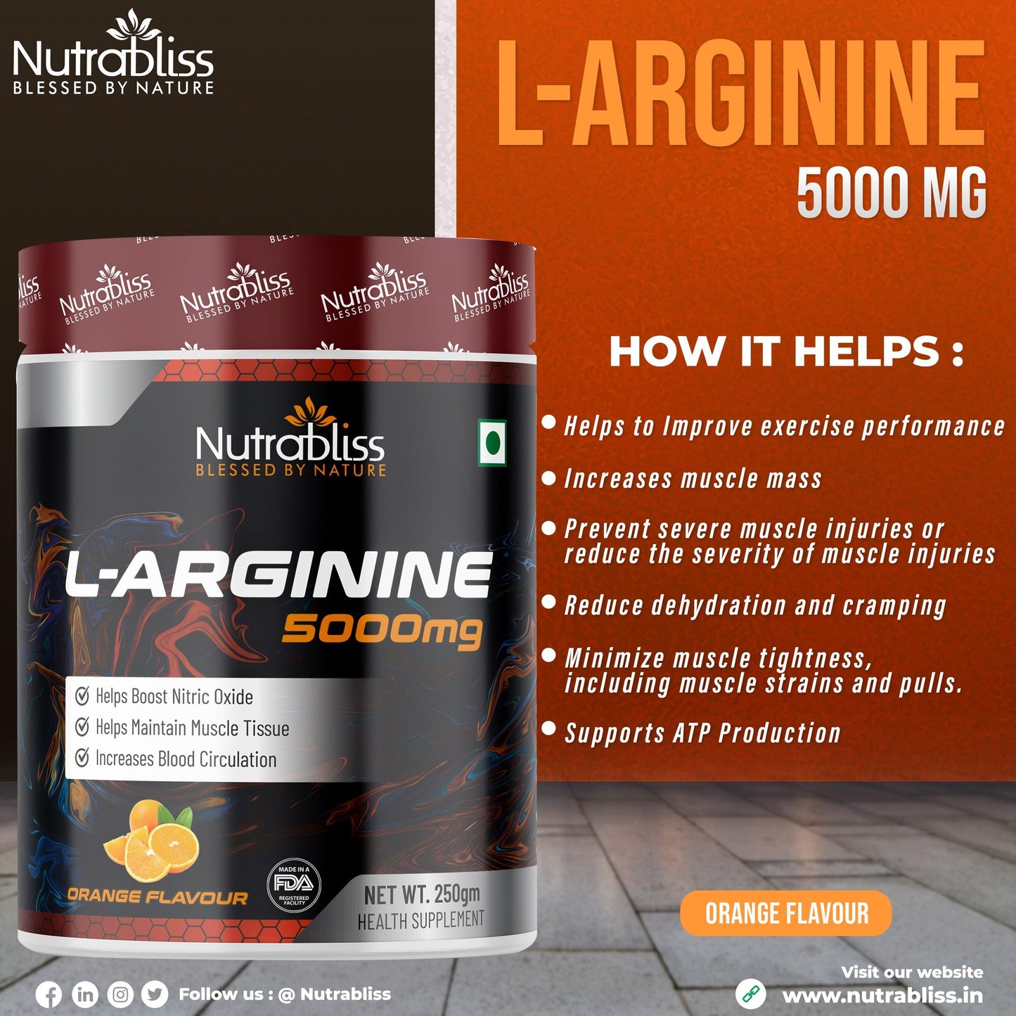 Nutrabliss L Arginine 5000 mg Lemon Lime Flavour 250 grams - Nutrabliss 