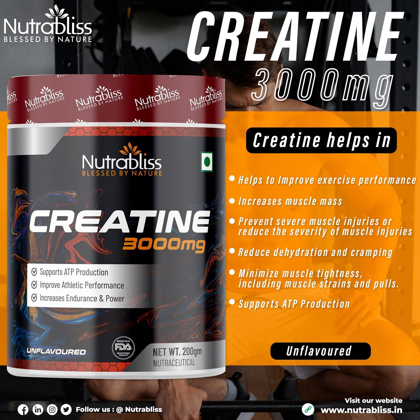 Nutrabliss Creatine Monohydrate Unflavoured powder 200 grams - Nutrabliss 