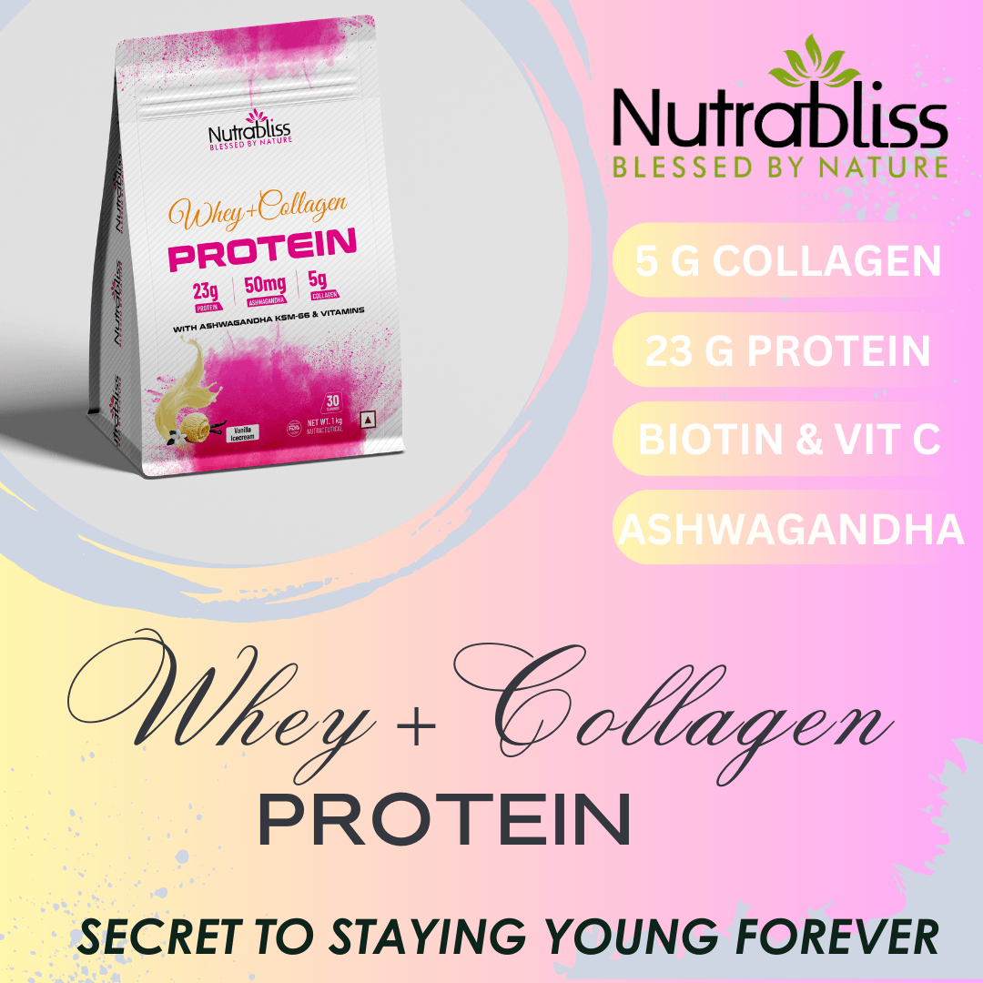 Nutrabliss Whey + Collagen Protein with KSM 66® Ashwagandha, Biotin, Multivitamins Chocolate Flavor 1 Kg - Nutrabliss 