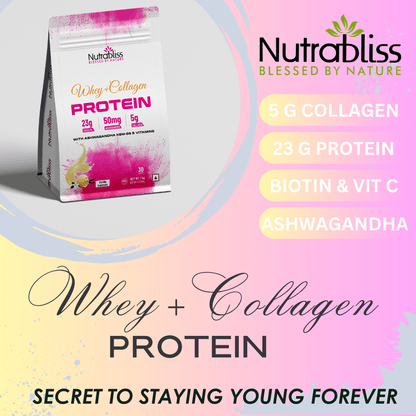 Nutrabliss Whey + Collagen Protein with KSM 66® Ashwagandha, Biotin, Multivitamins Chocolate Flavor 1 Kg - Nutrabliss 