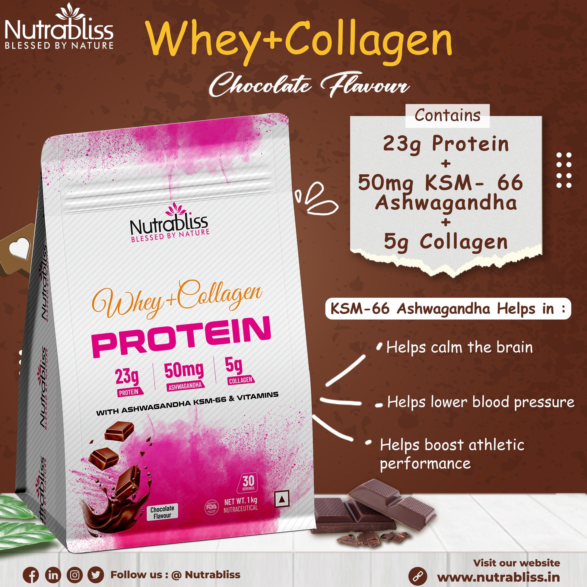 Nutrabliss Whey + Collagen Protein with KSM 66® Ashwagandha, Biotin, Multivitamins Chocolate Flavor 1 Kg - Nutrabliss 