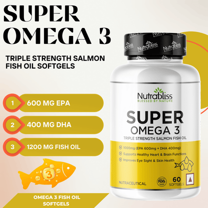 Nutrabliss Super Omega 3 Triple Strength Fish Oil EPA 600 mg DHA 400 mg 60 Softgels - Nutrabliss 