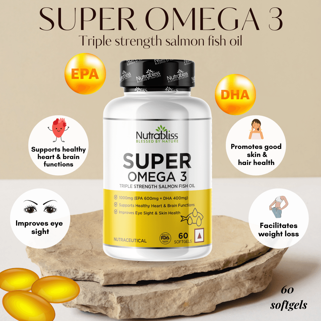 Nutrabliss Super Omega 3 Triple Strength Fish Oil EPA 600 mg DHA 400 mg 60 Softgels - Nutrabliss 