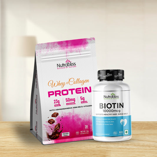 Nutrabliss Strength & Shine Combo | Whey+Collagen & Biotin (60 Tablets)