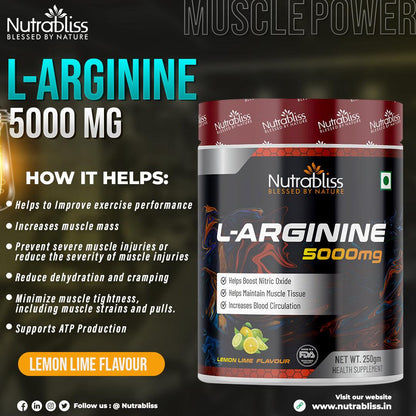 Nutrabliss L Arginine 5000 mg Lemon Lime Flavour 250 grams - Nutrabliss 