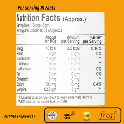 Nutrabliss L Arginine 5000 mg Orange Flavour 250 grams - Nutrabliss 