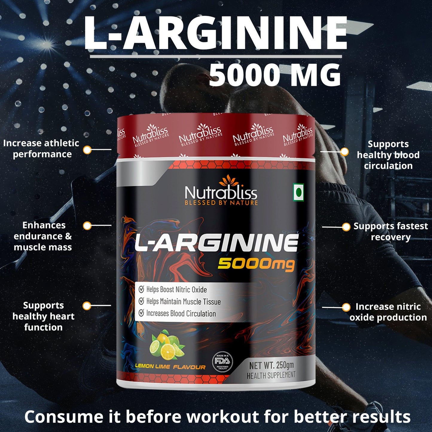 Nutrabliss L Arginine 5000 mg Lemon Lime Flavour 250 grams - Nutrabliss 