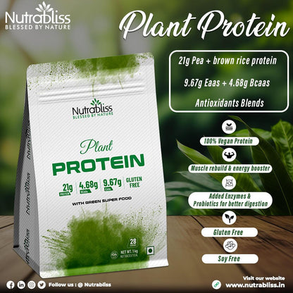 Nutrabliss Plant Protein with greens blend, antioxidants blend digestive enzymes Chocolate Flavour 1 Kg - Nutrabliss 