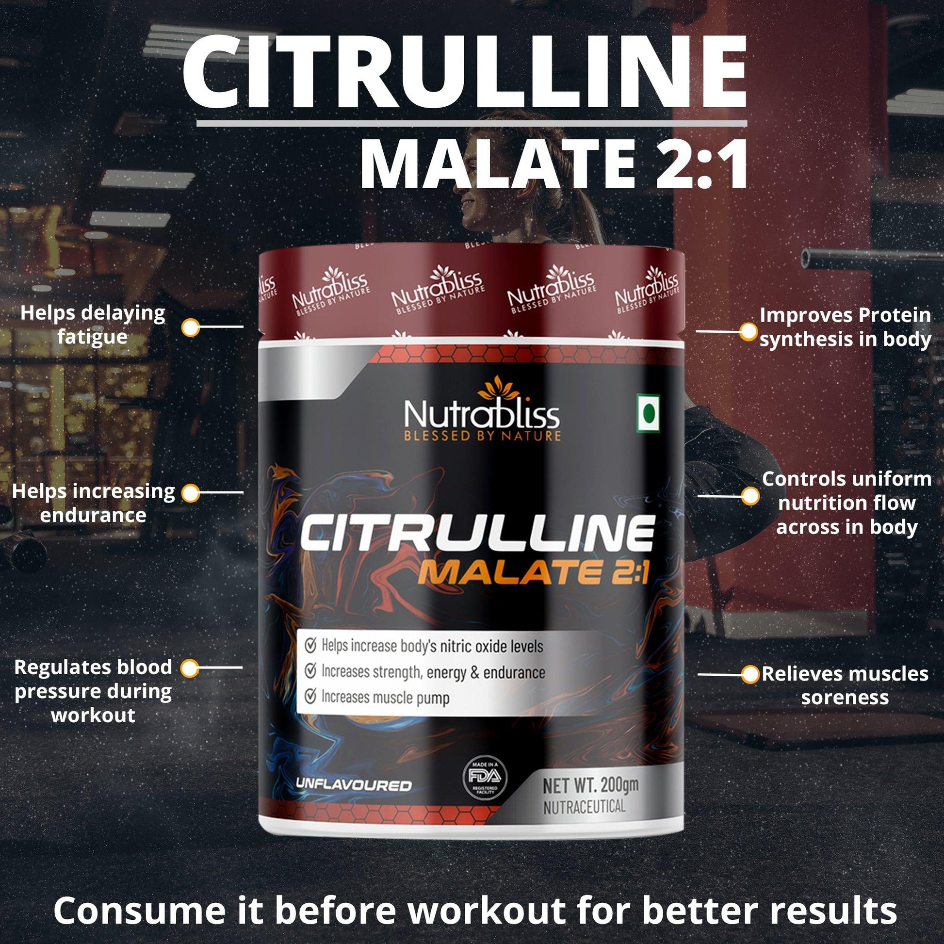 Nutrabliss Citrulline Malate Powder Unflavoured 100 servings - 200 grams - Nutrabliss 